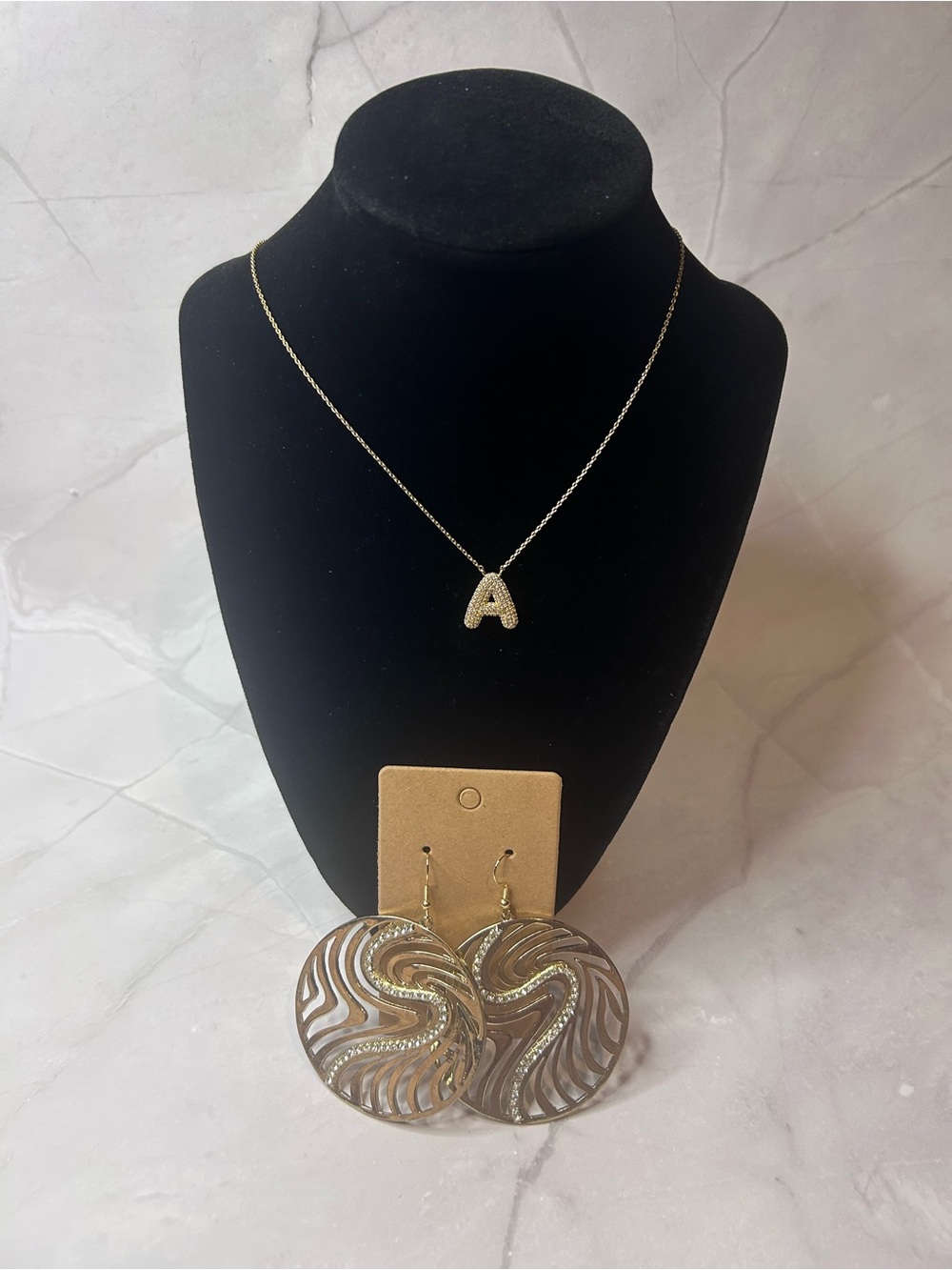 Throwback Gold toned Letter A Pendant Necklace with Gold Swirl Drop Earrings Set